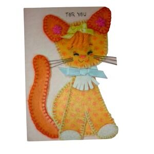 Vintage Hallmark Orange Felt Cat Birthday Card Kitsch Mid Century 15B 153-1‎ USA